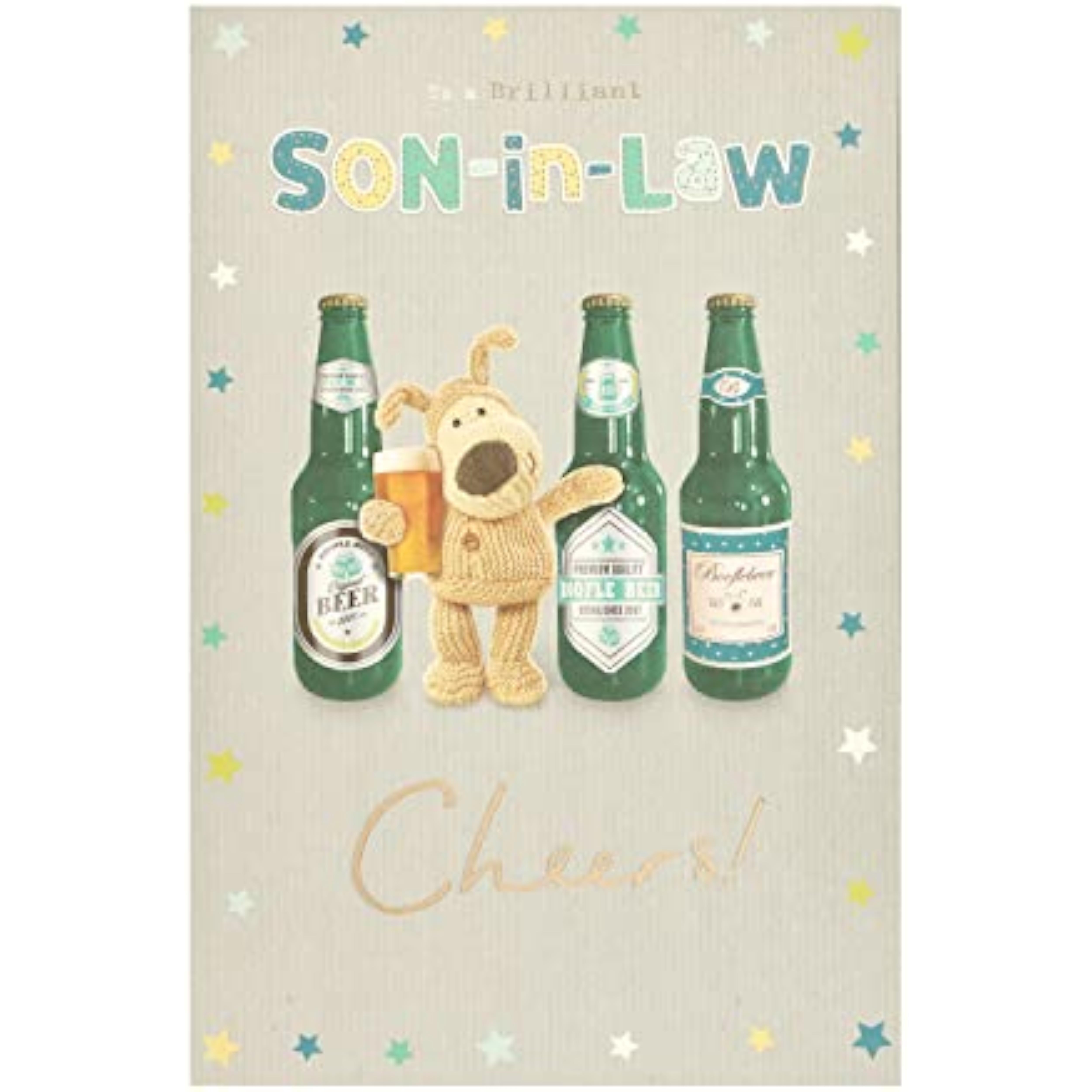 Boofle Beer Cheers Son-in-Law birthday greeting card from UK Greetings, featuring cheerful cartoon dog with beer and birthday elements.
