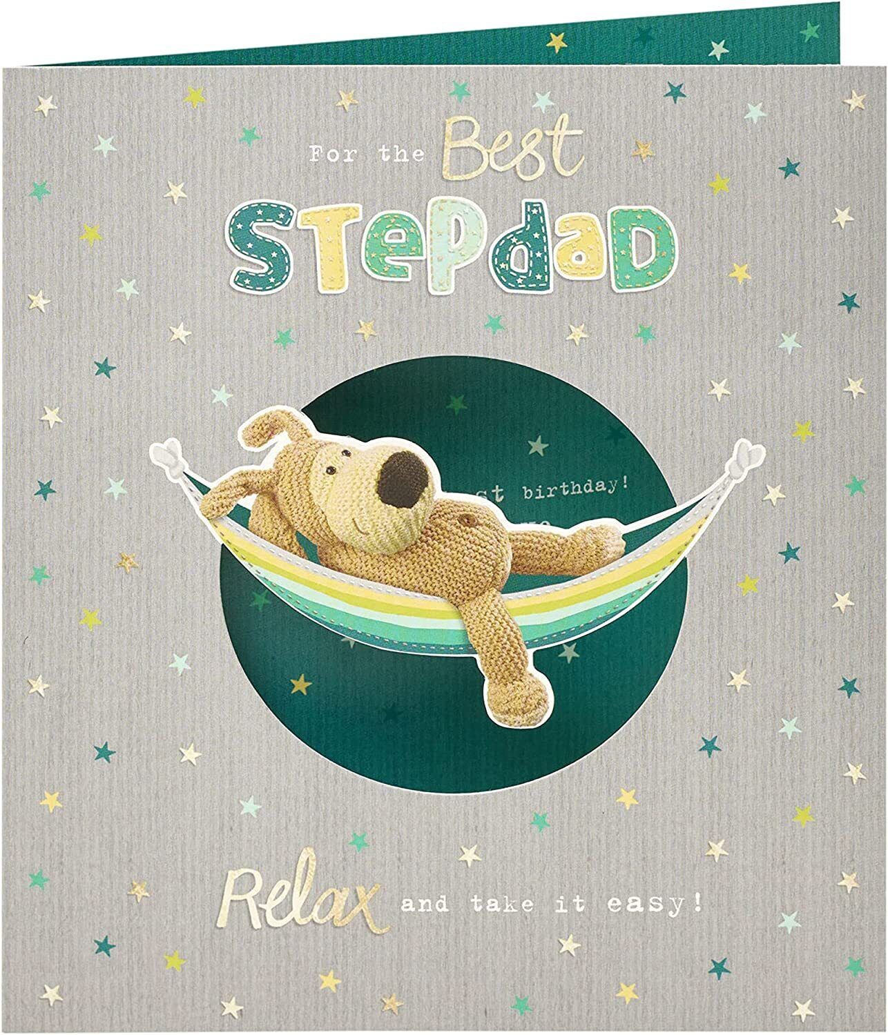 UK Greetings Boofle Best Stepdad birthday greeting card with colorful floral design and cheerful message.