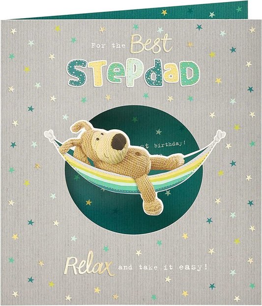 UK Greetings Boofle Best Stepdad birthday greeting card with colorful floral design and cheerful message.