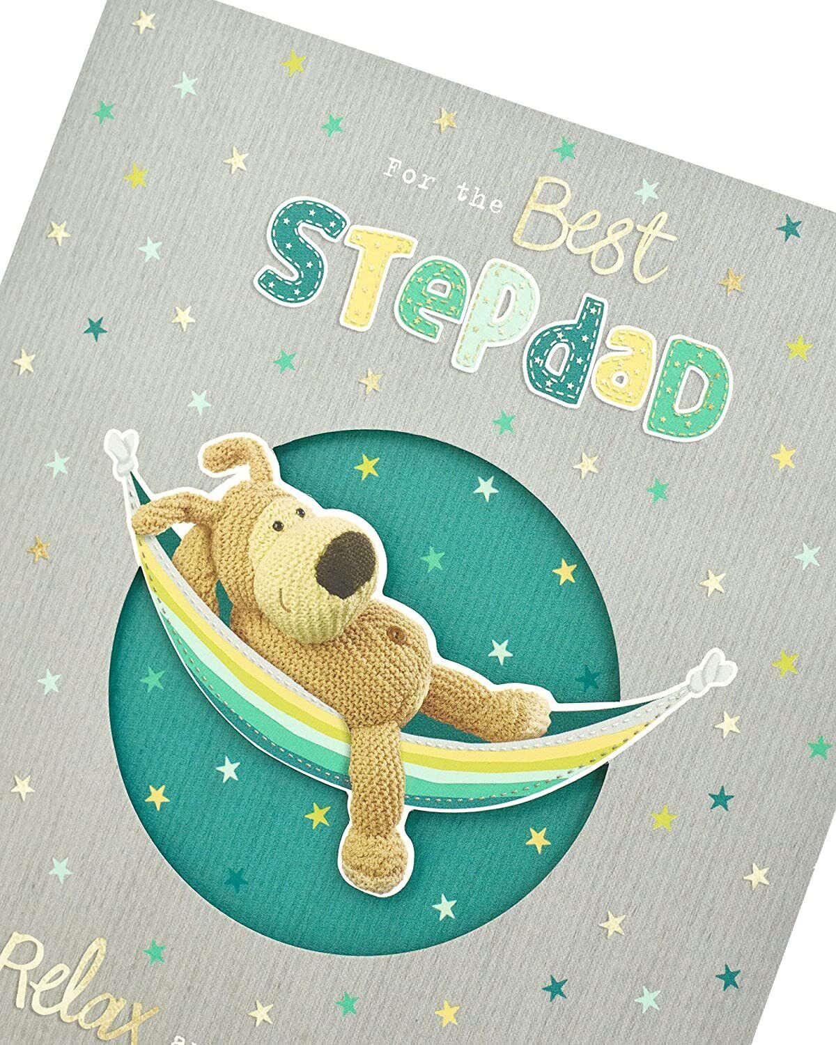 UK Greetings Boofle birthday greeting card for stepdad with colorful cartoon design and cheerful message.