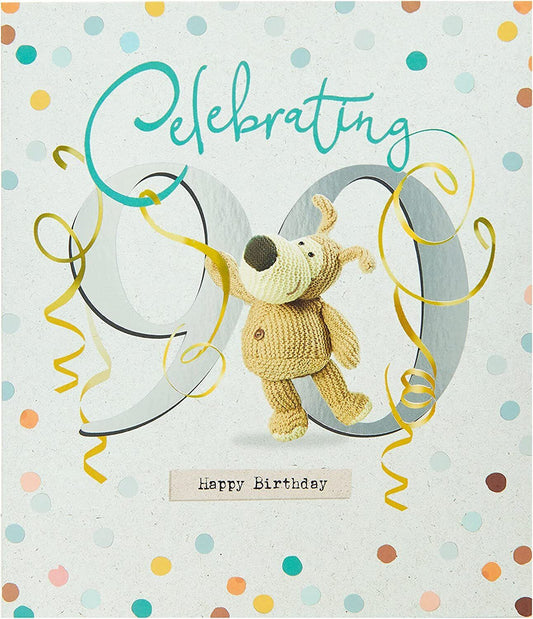 UK Greetings Boofle 90th birthday greeting card featuring colorful cartoon dog design and festive birthday message.