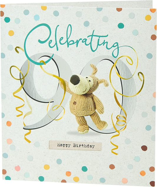 UK Greetings Boofle birthday greeting card celebrating a 90th birthday with colorful illustrations and cheerful design.