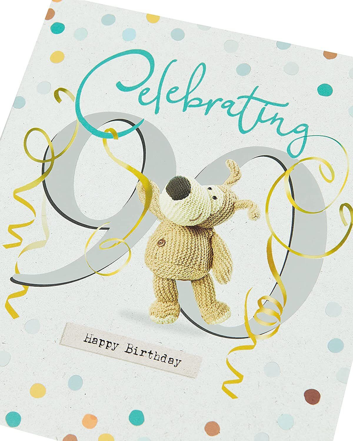 UK Greetings Boofle 90th birthday greeting card featuring colorful illustrations, perfect for celebrating a special milestone.