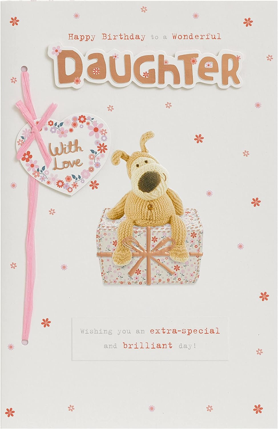 Cute Boofle birthday greeting card for daughter with envelope, featuring a charming design and a big present illustration.