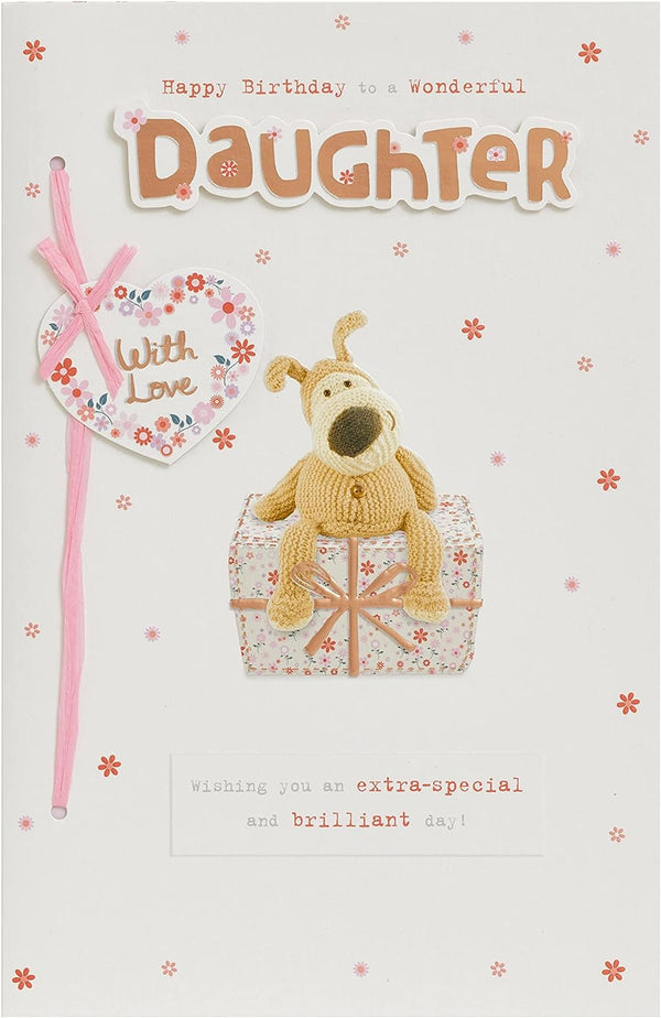 Cute Boofle birthday greeting card for daughter with envelope, featuring a charming design and a big present illustration.