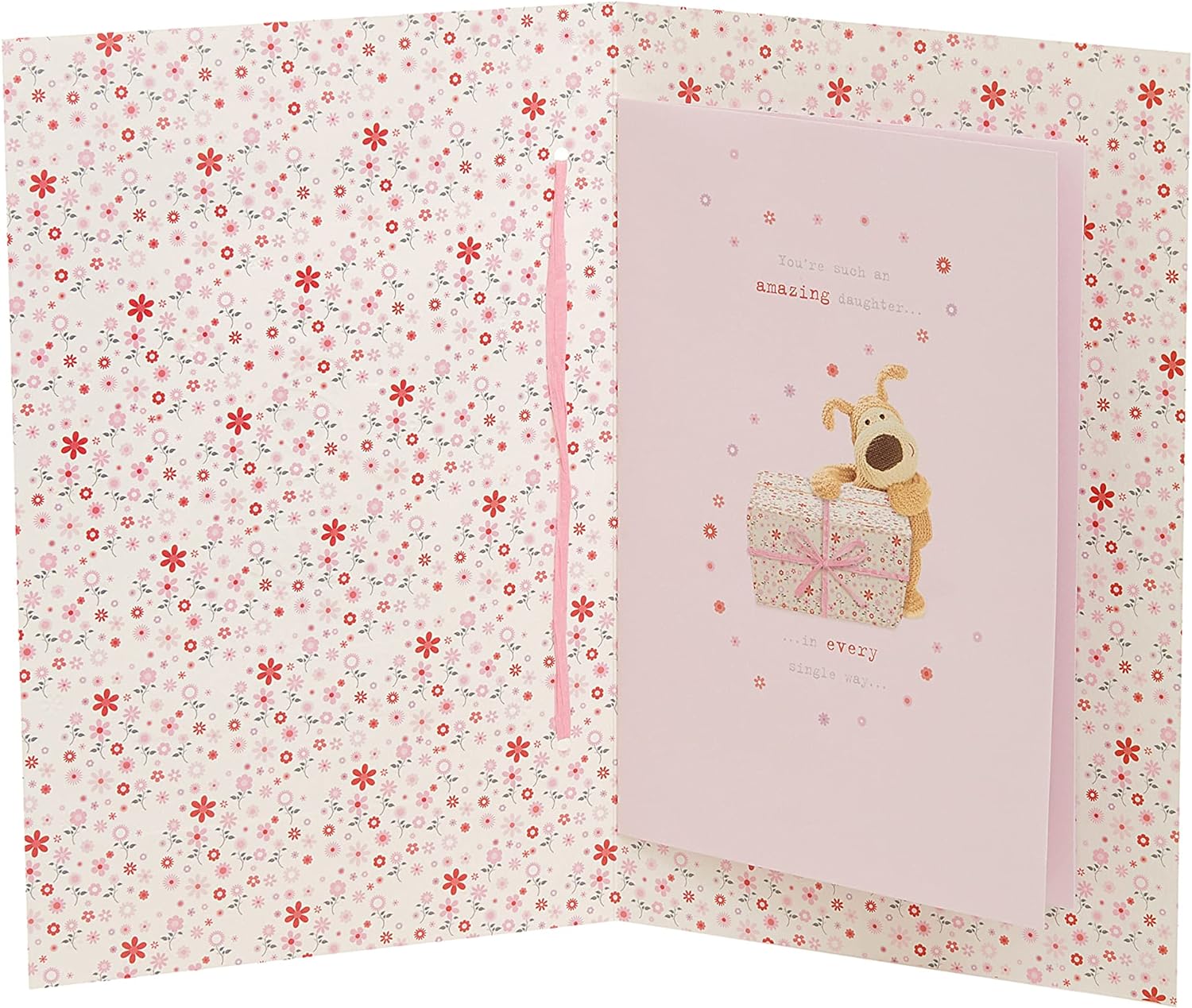 Cute Boofle birthday greeting card for daughter with envelope, featuring a charming design and a big present illustration.