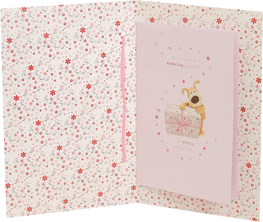 Cute Boofle birthday greeting card for daughter with envelope, featuring a charming design and a big present illustration.