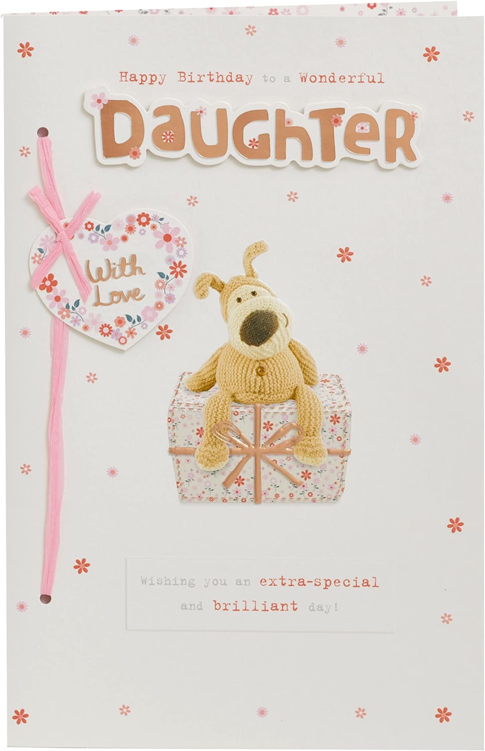 Cute Boofle birthday greeting card for daughter with envelope, featuring a charming design and a big present illustration.
