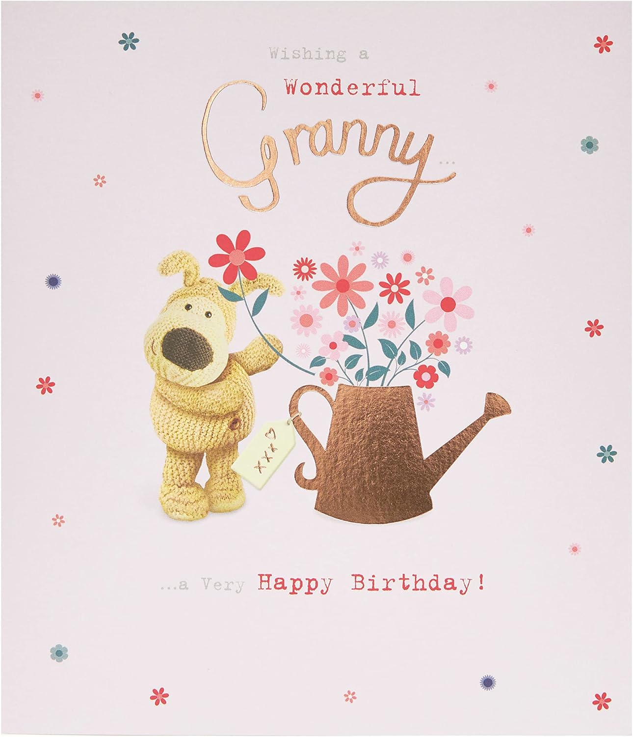 Cute Boofle birthday greeting card for granny with watering flowers design and envelope, by UK Greetings.