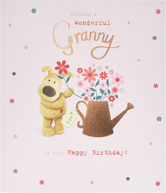 Cute Boofle birthday greeting card for granny with watering flowers design and envelope, by UK Greetings.