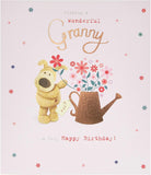 Cute Boofle birthday greeting card for granny with watering flowers design and envelope, by UK Greetings.
