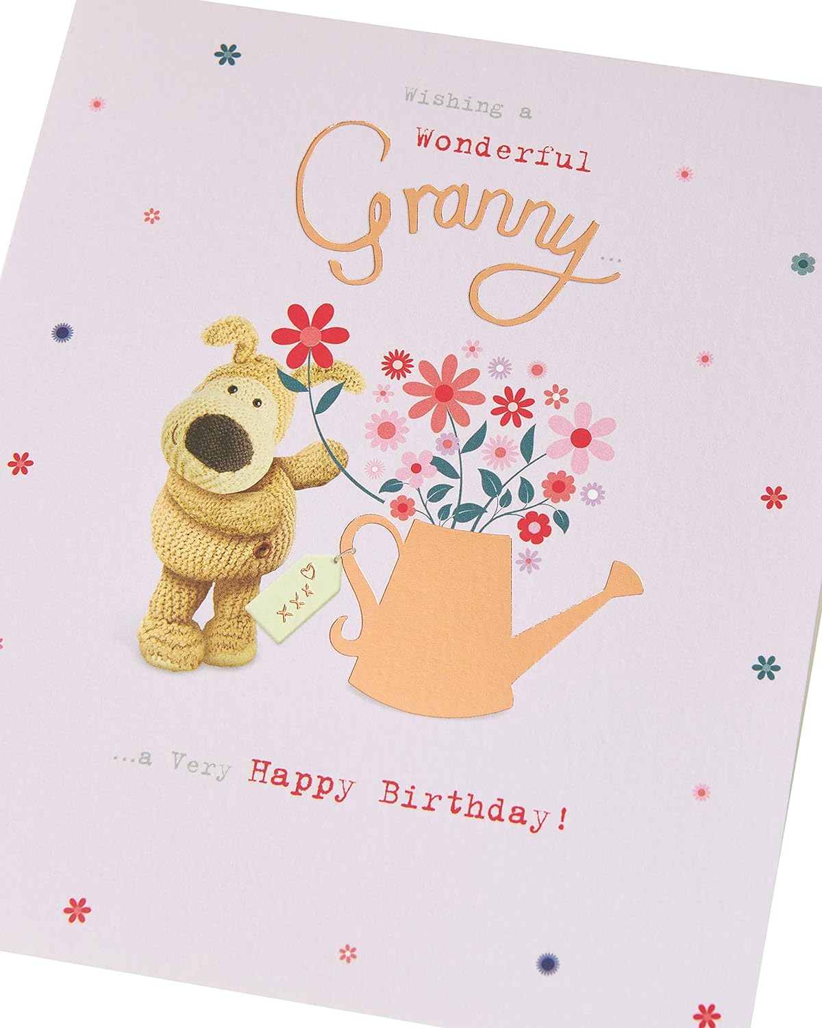 Cute Boofle birthday greeting card for granny with envelope, featuring a watering flowers design by UK Greetings.