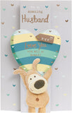 Cute Boofle birthday greeting card for husband with envelope, featuring Boofle holding a heart above his head.