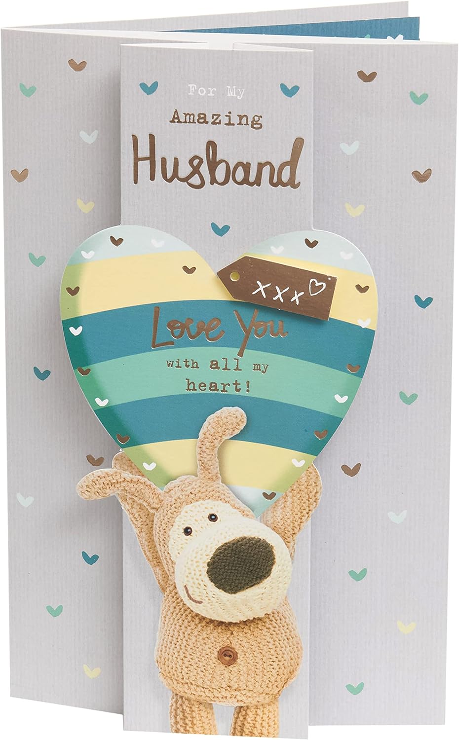 Cute Boofle birthday greeting card for husband by UK Greetings, featuring Boofle holding a heart above his head with an envelope.