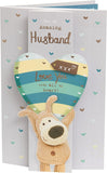 Cute Boofle birthday greeting card for husband by UK Greetings, featuring Boofle holding a heart above his head with an envelope.