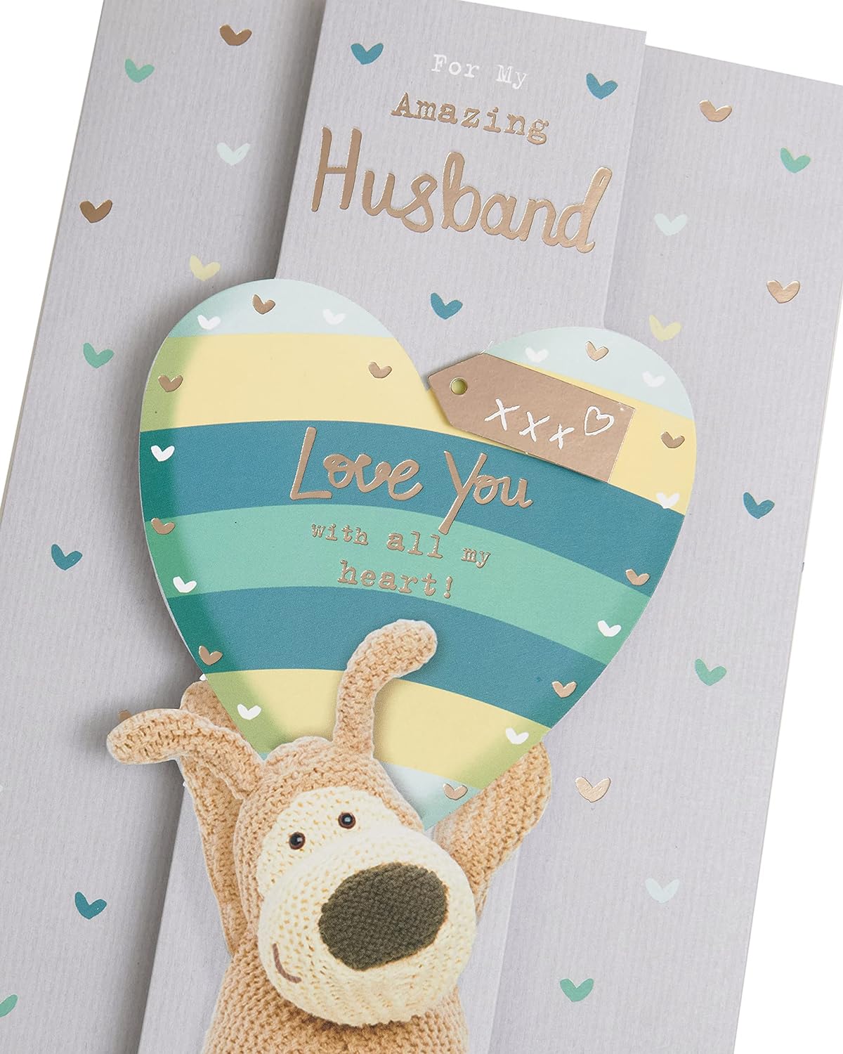 Cute Boofle birthday greeting card for husband by UK Greetings, featuring Boofle holding a heart above his head with envelope included.
