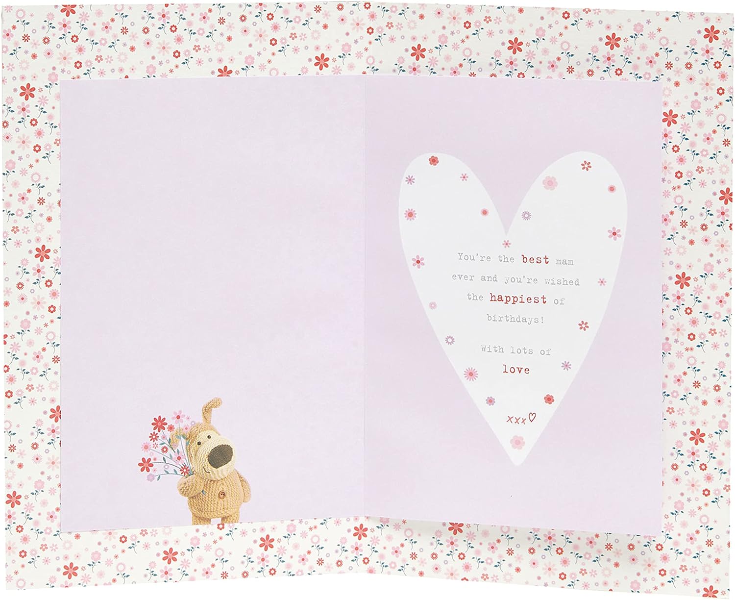 Boofle birthday greeting card for mom with envelope, featuring a floral vase design, by UK Greetings.