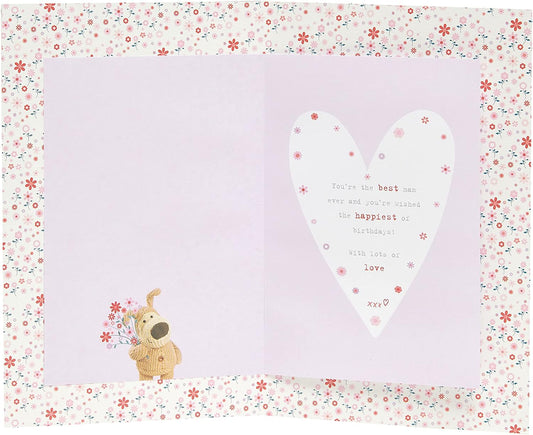 Boofle birthday greeting card for mom with envelope, featuring a floral vase design, by UK Greetings.