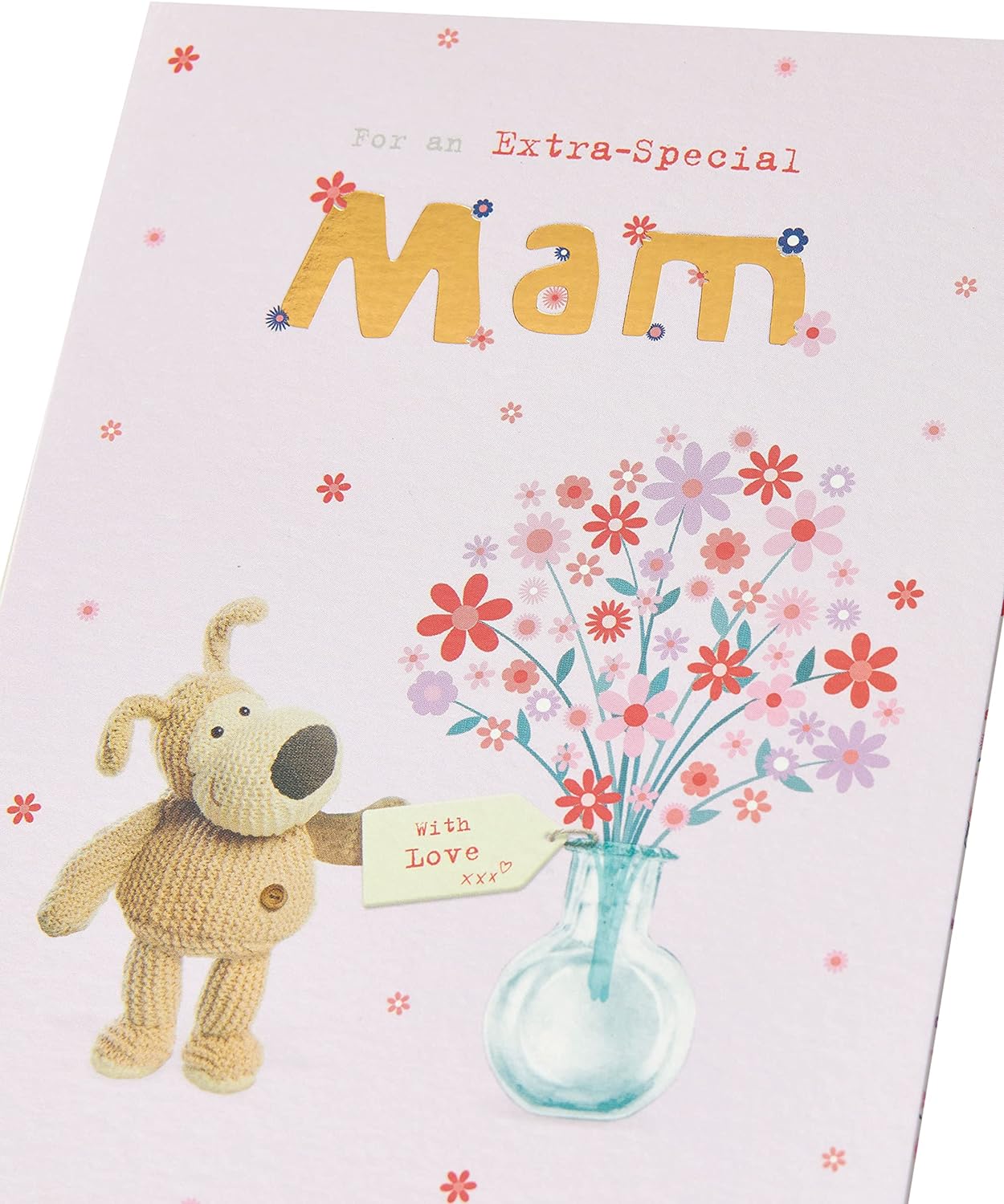 UK Greetings Boofle birthday greeting card for mom with envelope, featuring a charming floral vase design.