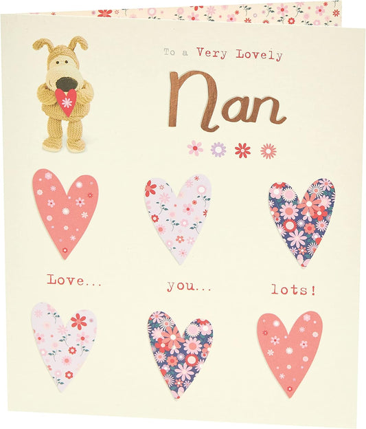 Cute Boofle birthday greeting card for Nan with envelope, featuring a adorable design holding a heart from UK Greetings.