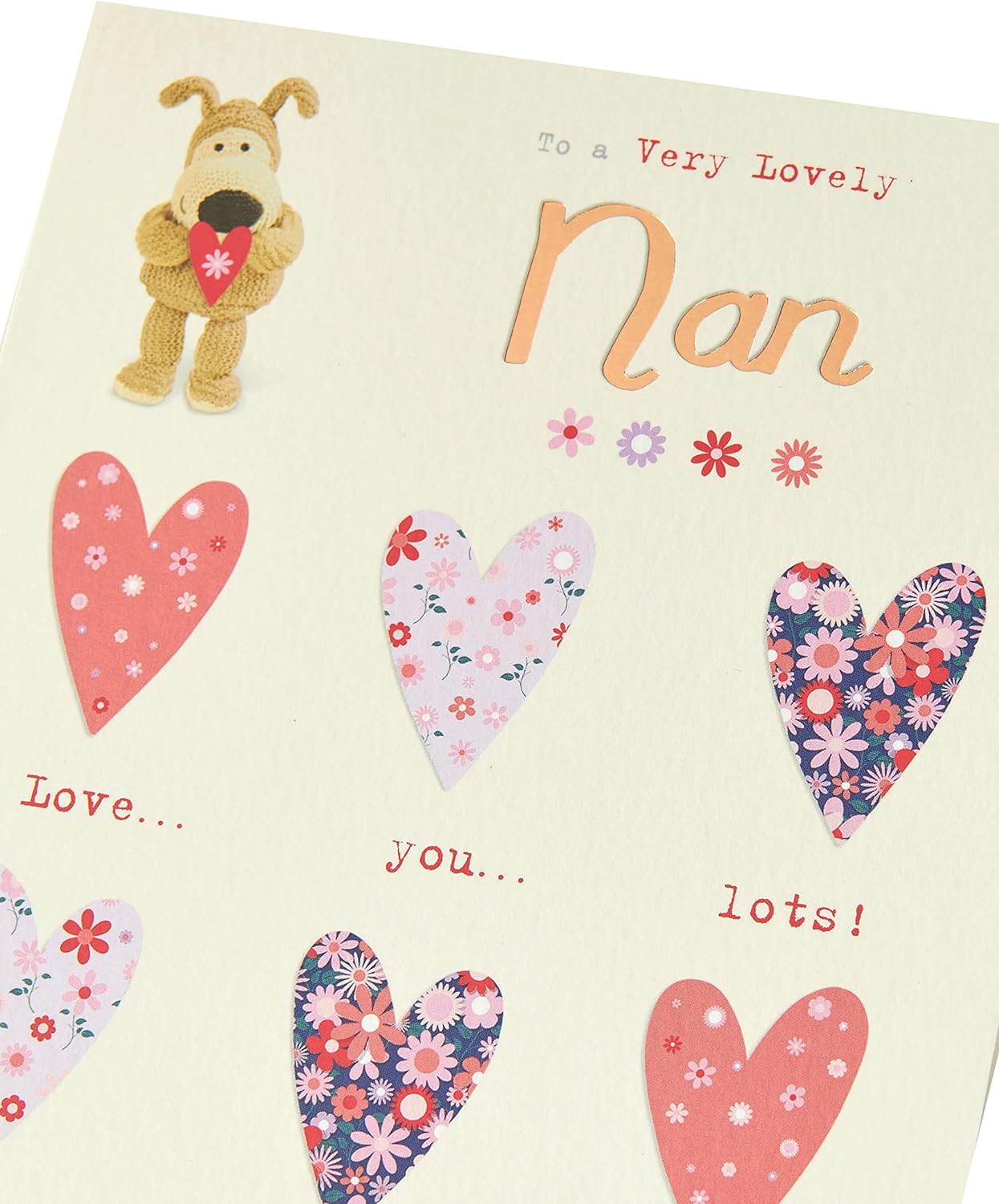 Cute Boofle birthday greeting card for Nan from UK Greetings, featuring a lovable design holding a heart with an envelope.