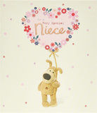 UK Greetings Boofle birthday greeting card for niece with a big flower balloon design and envelope, 159mm x 184mm.