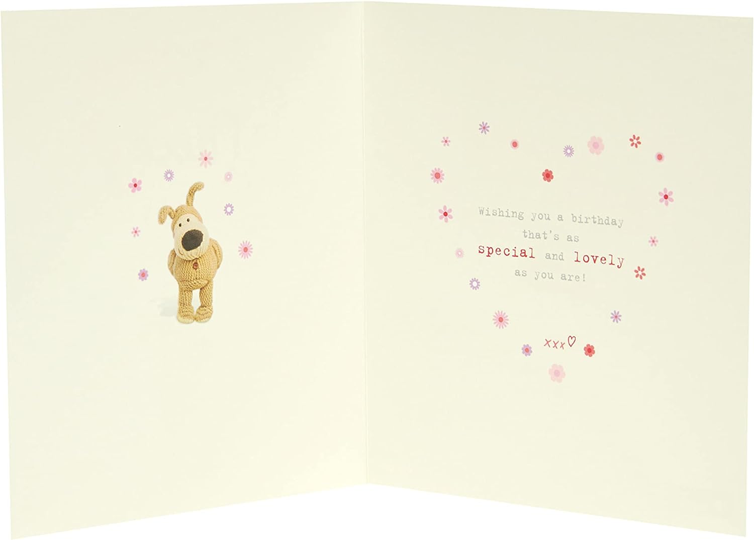 Cute Boofle birthday greeting card for niece with a big flower balloon design and envelope, UK Greetings, 159mm x 184mm.