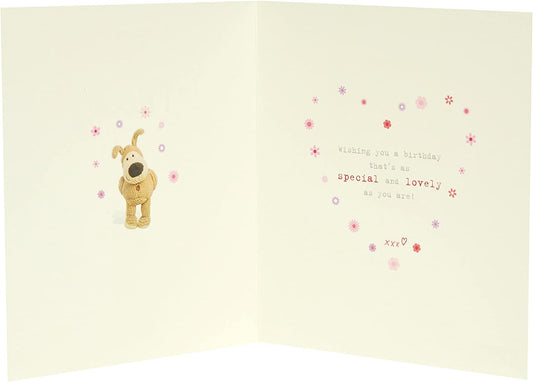 Cute Boofle birthday greeting card for niece with a big flower balloon design and envelope, UK Greetings, 159mm x 184mm.