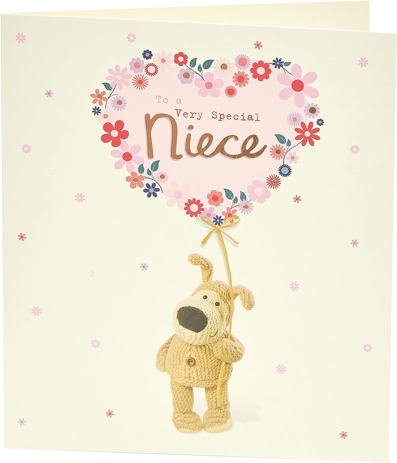 UK Greetings Boofle birthday greeting card for niece with colorful flower balloon design and envelope, 159mm x 184mm.