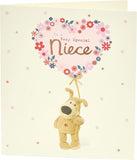 UK Greetings Boofle birthday greeting card for niece with colorful flower balloon design and envelope, 159mm x 184mm.