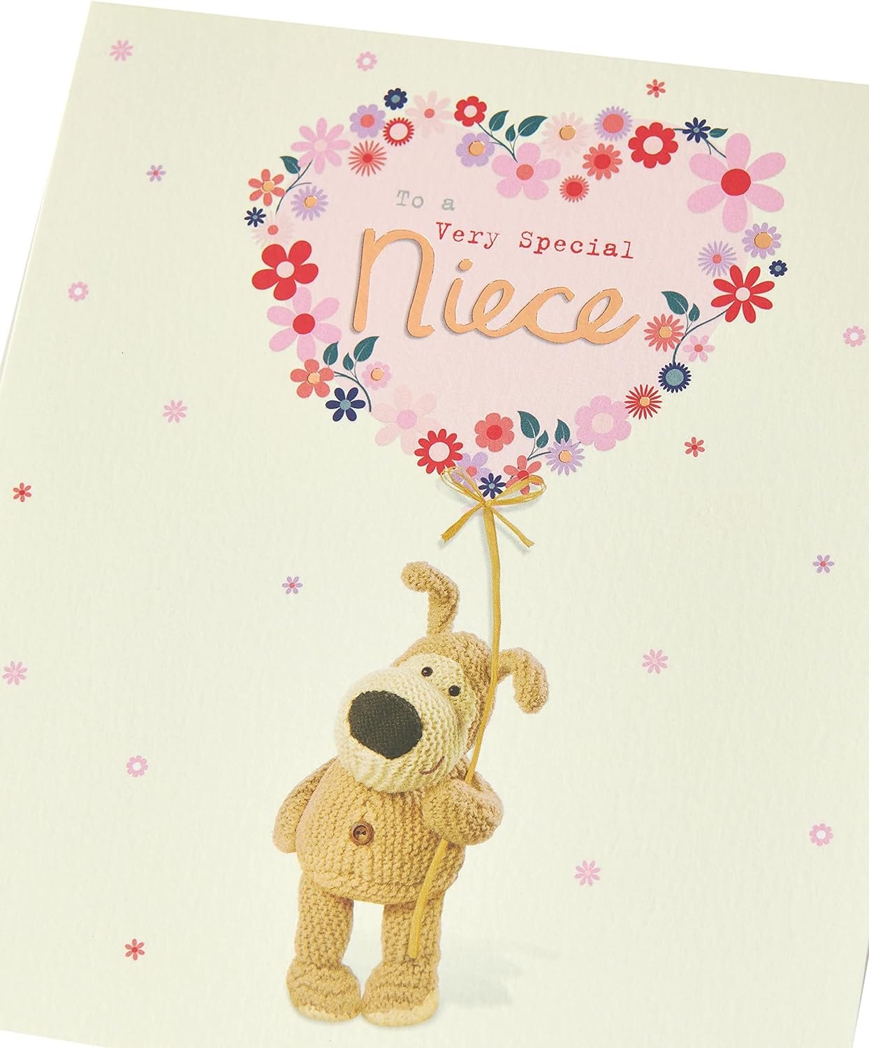 Colorful Boofle birthday greeting card for niece with flower balloon design and matching envelope, UK Greetings, 159mm x 184mm