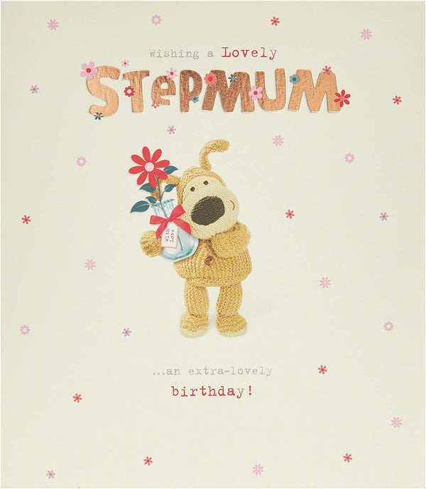 Cute Boofle birthday greeting card for step mum with envelope, featuring Boofle holding a vase of flowers, by UK Greetings.