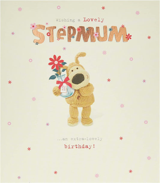 Cute Boofle birthday greeting card for step mum with envelope, featuring Boofle holding a vase of flowers, by UK Greetings.