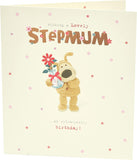 Cute Boofle birthday greeting card for step mum with envelope, featuring Boofle holding a vase with flowers, from UK Greetings.