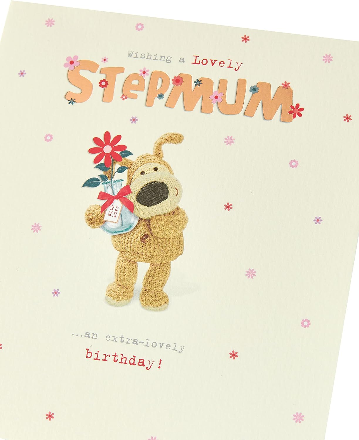 Cute Boofle birthday greeting card for step mum with envelope, featuring Boofle holding a vase with flowers.