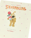 Cute Boofle birthday greeting card for step mum with envelope, featuring Boofle holding a vase with flowers.