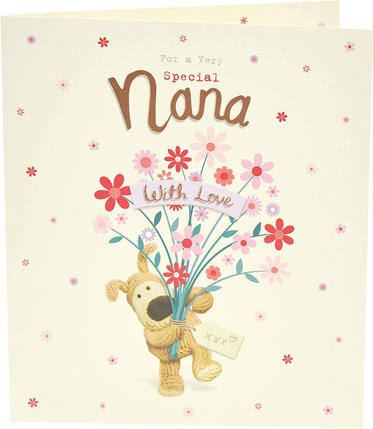 Colorful Boofle bouquet of flowers Nana birthday greeting card with cheerful floral design from UK Greetings.