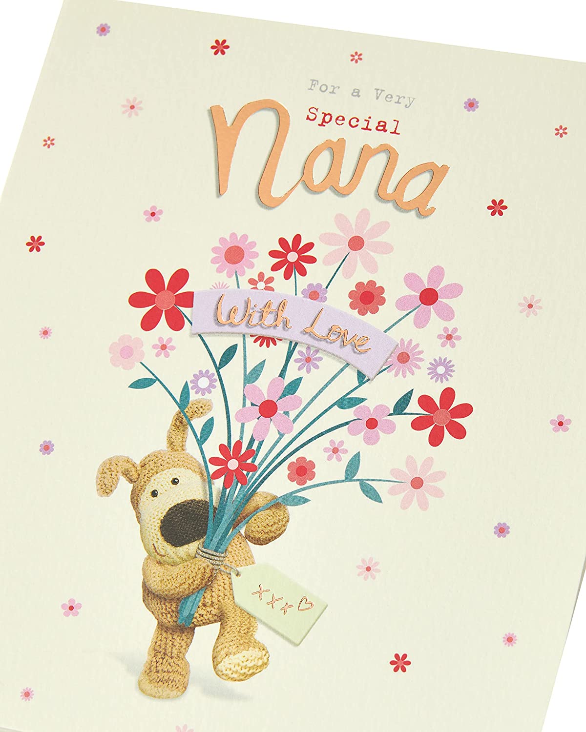 Greeting card featuring a Boofle bouquet of flowers design for Nana's birthday, UK Greetings greeting card with colorful floral artwork.