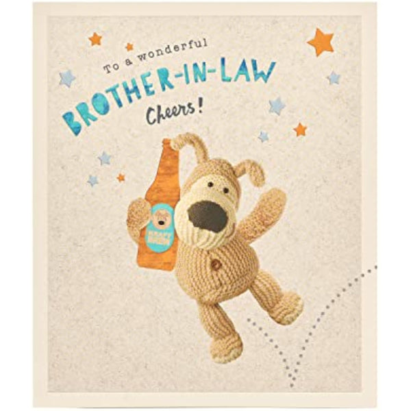 UK Greetings Boofle brother-in-law birthday greeting card featuring adorable character design and colorful festive decorations.