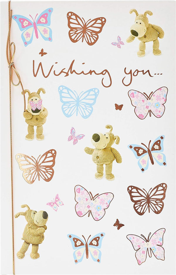 Colorful Boofle butterflies greeting card by UK Greetings featuring vibrant butterfly illustrations for birthdays.
