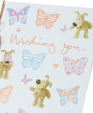 Colorful Boofle Butterfly birthday greeting card with vibrant butterfly illustrations, perfect for celebrating special occasions.