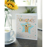 Cute Boofle congratulations greeting card with copper foil accents, featuring adorable dog illustration and cheerful message.