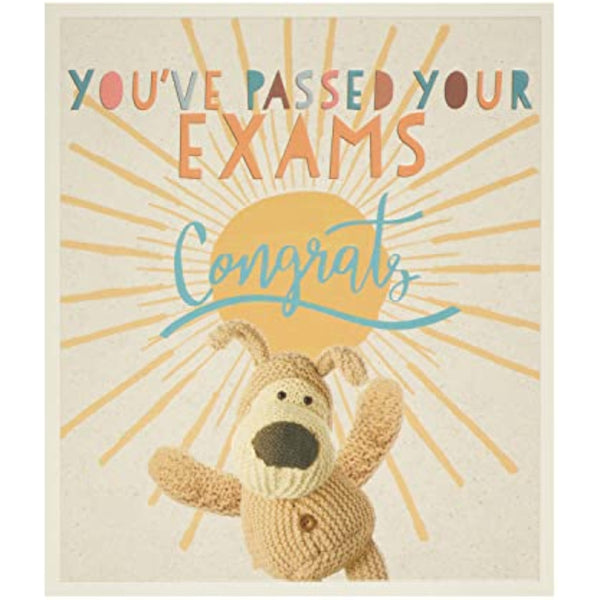 Boofle greeting card featuring a colorful design with congratulatory message, ideal for exams and celebration occasions.