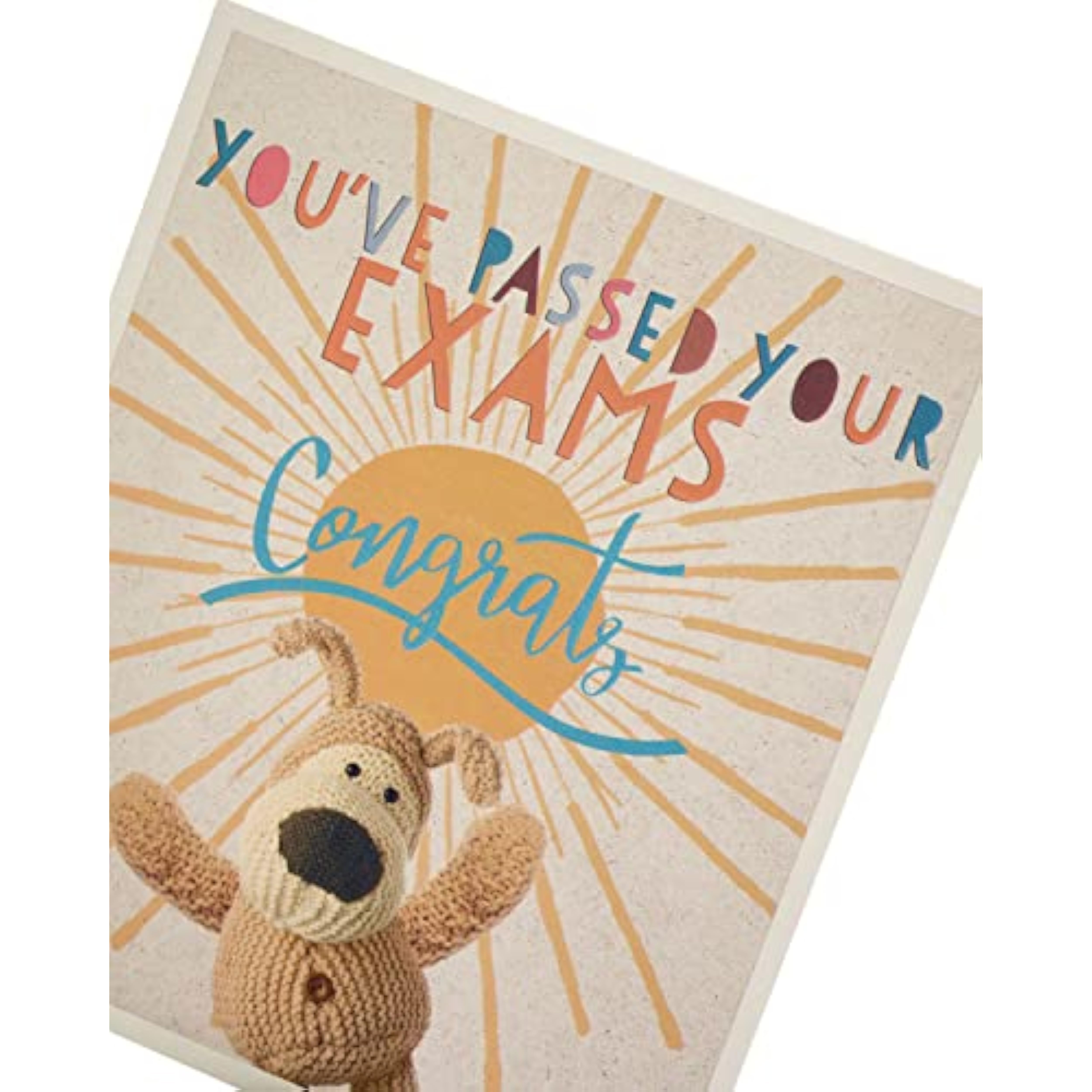 UK Greetings Boofle exam pass congratulation greeting card featuring a cheerful cartoon dog with celebratory design elements.