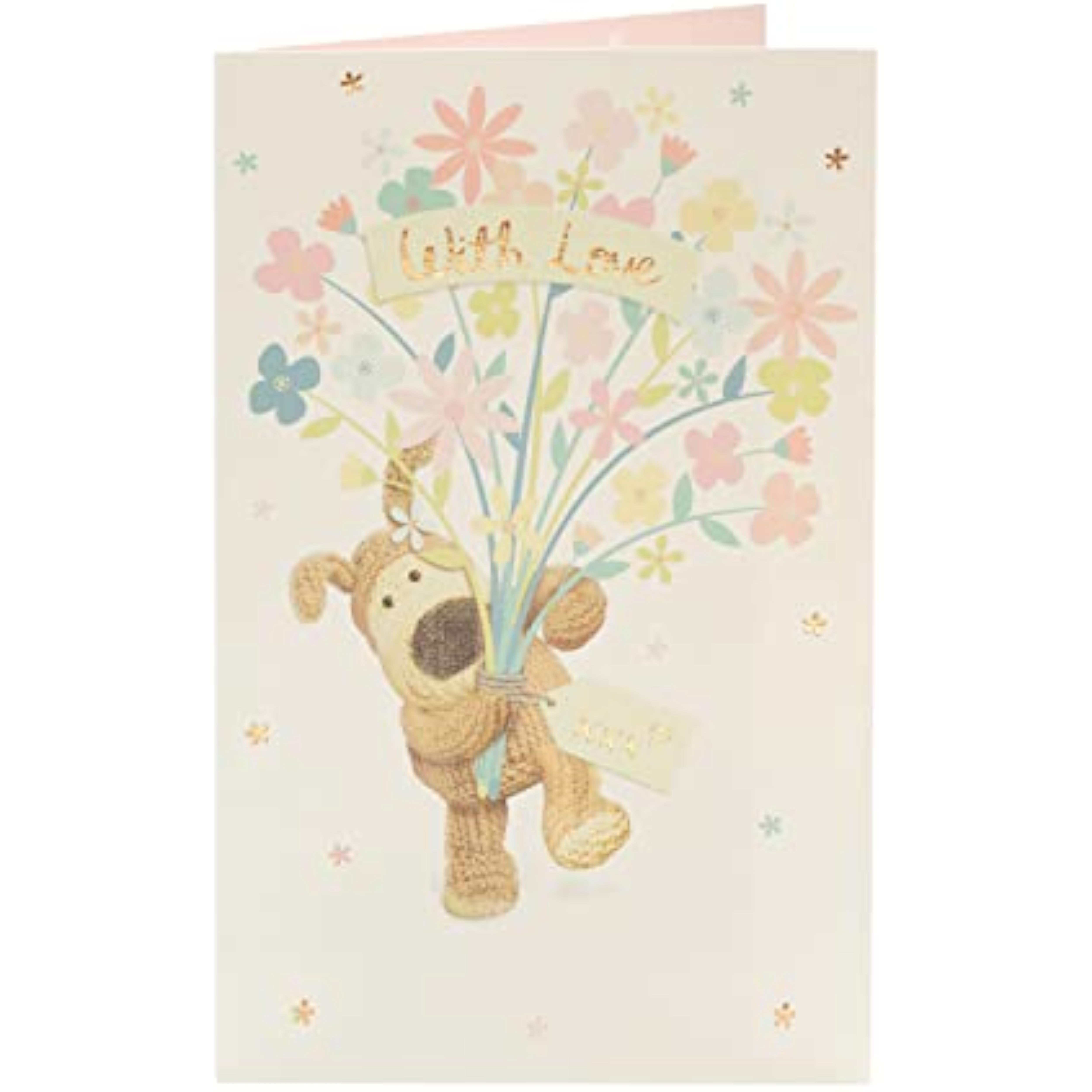 Colorful Boofle Flowers birthday greeting card featuring floral illustrations and cheerful design by UK Greetings.