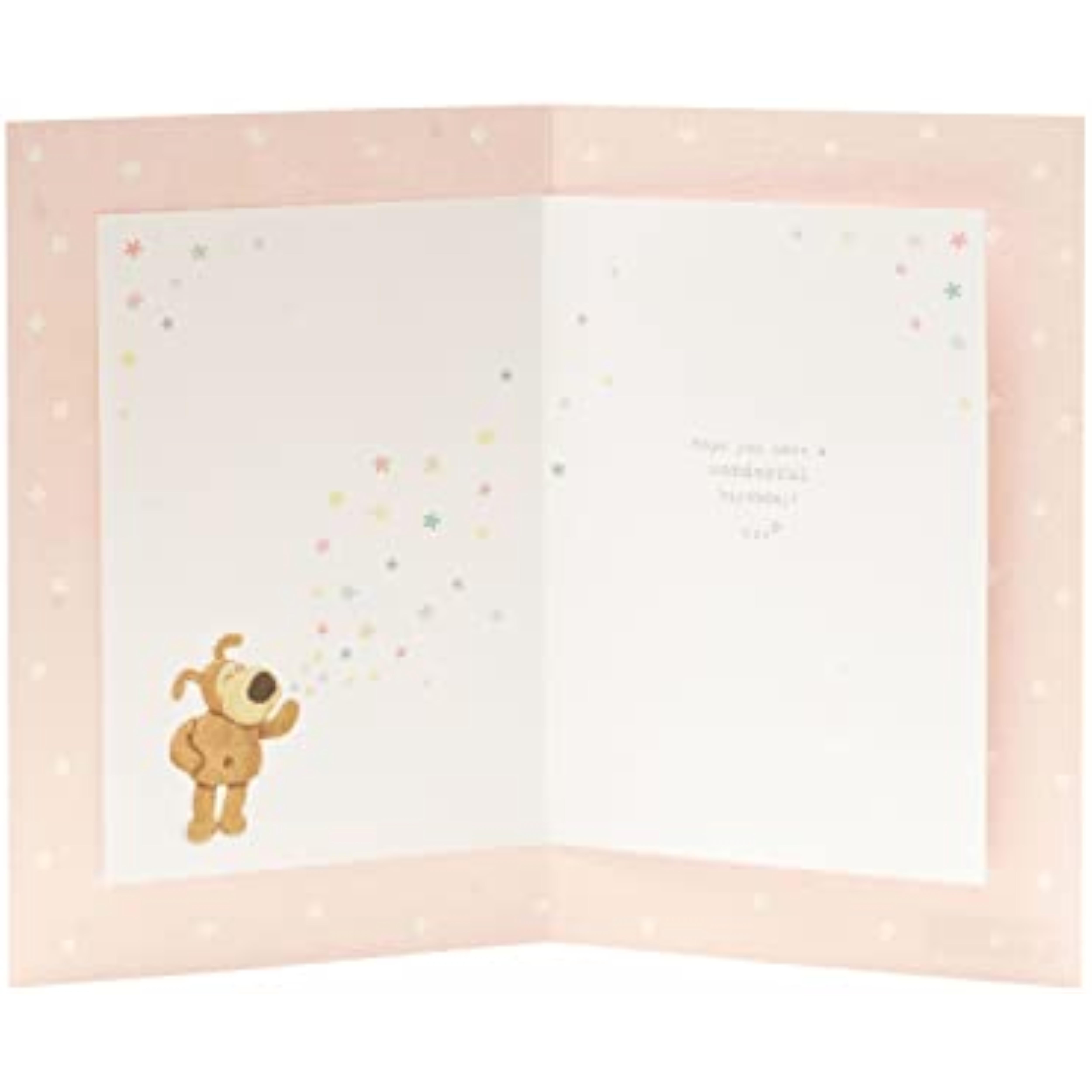 Colorful Boofle Flowers birthday greeting card featuring floral designs and cheerful illustrations, UK Greetings brand.