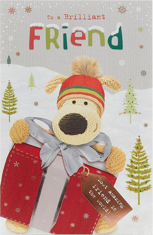 Cute Boofle Friend Christmas greeting card featuring a presents design, perfect for festive holiday wishes by UK Greetings.