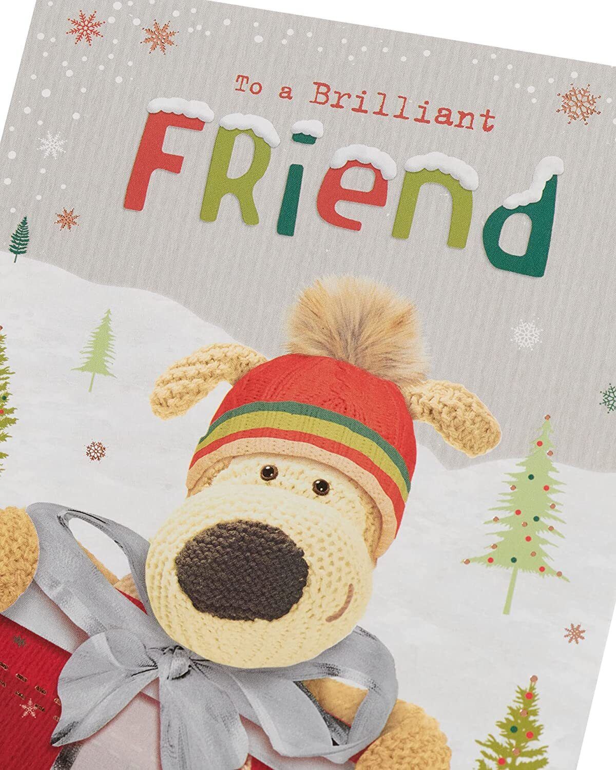 Cute Boofle Friend Christmas greeting card featuring a presents design, perfect for holiday wishes from UK Greetings.