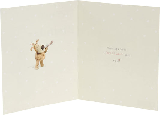 Gold foil lettering birthday greeting card featuring Boofle design from UK Greetings, with festive and cheerful theme.