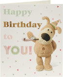 Gold foil lettering birthday greeting card featuring Boofle from UK Greetings with festive design and colorful accents.